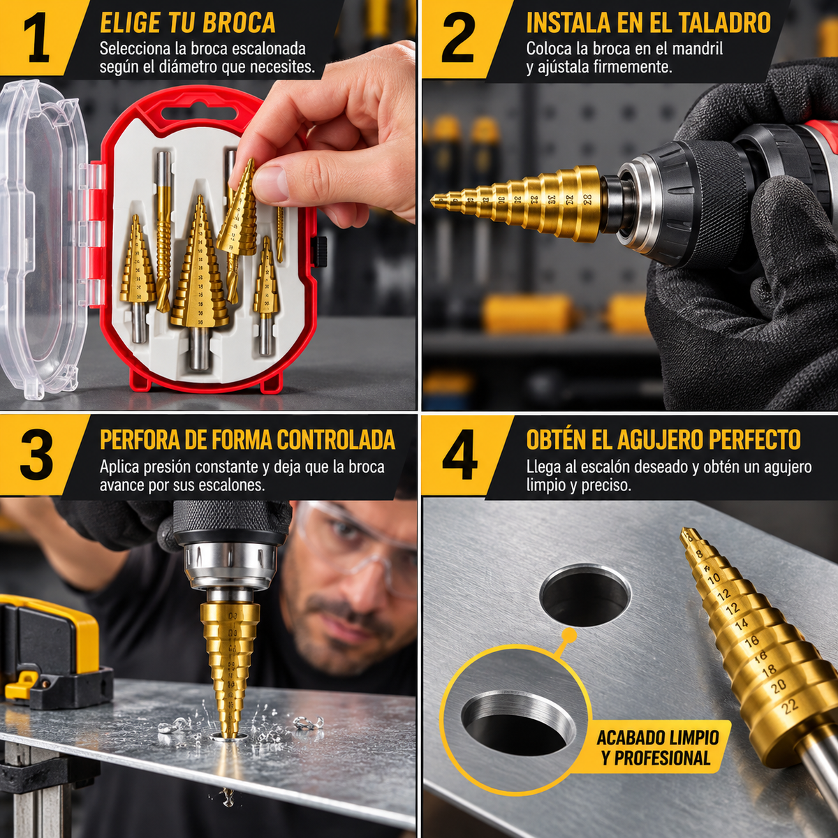 STEPDRILL PRO 5 SET DE 5 BROCAS ESCALONADAS UNA BROCA. VARIOS DIÁMETROS.