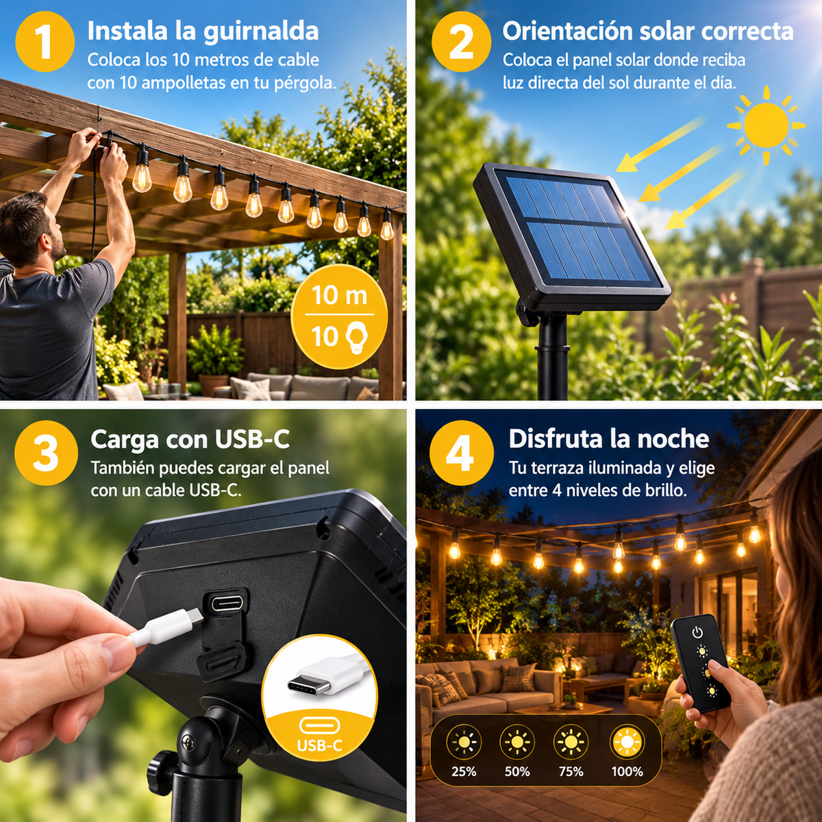 DUAL GLOW 10® GUIRNALDA SOLAR 10M + CARGA USB-C ¡AMBIENTES CÁLIDOS SIN GASTAR DE MÁS!