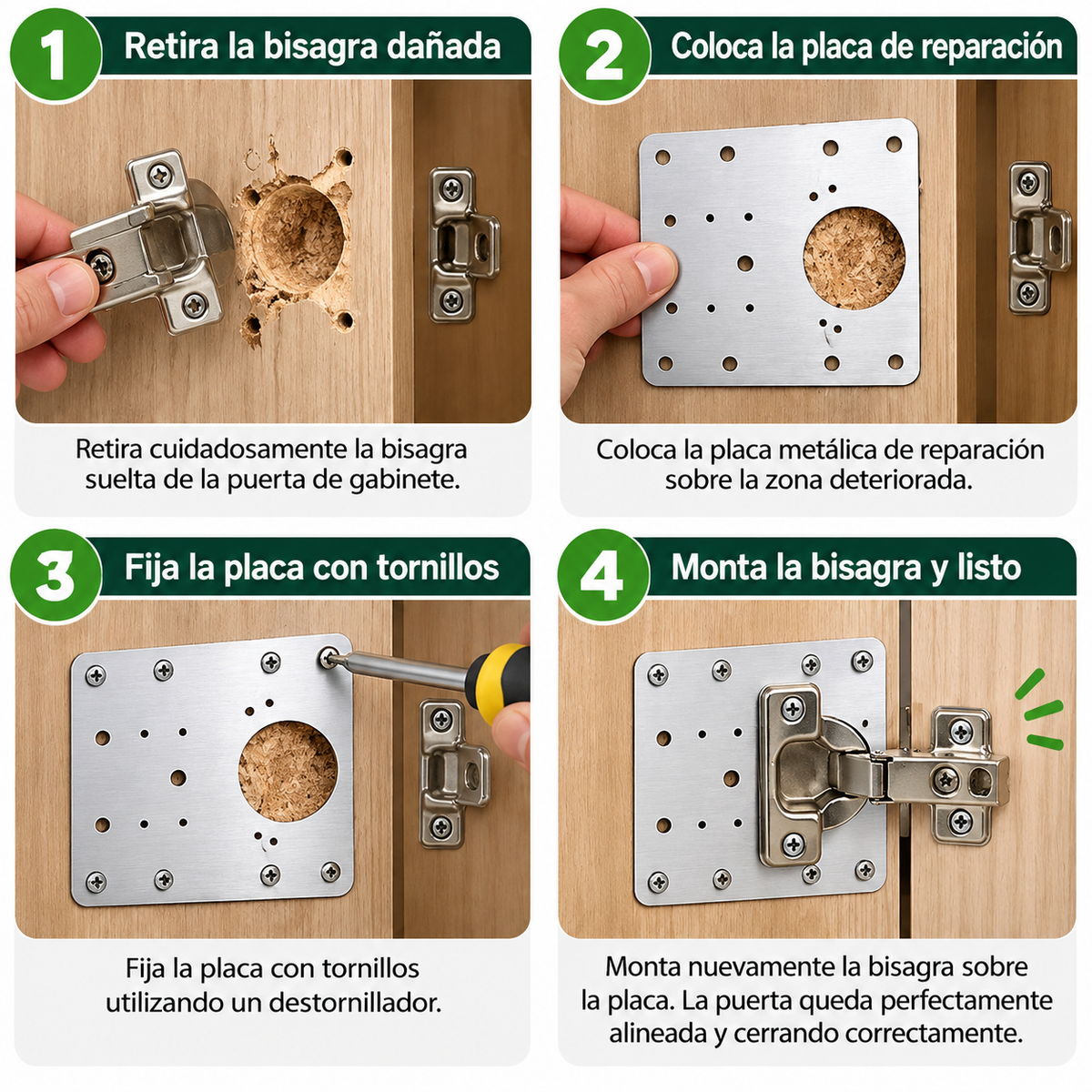 HINGE FIX PRO - PACK X4 PLACAS REPARADORAS PARA BISAGRAS ¡NO CAMBIES EL MUEBLE POR UNA BISAGRA SUELTA!