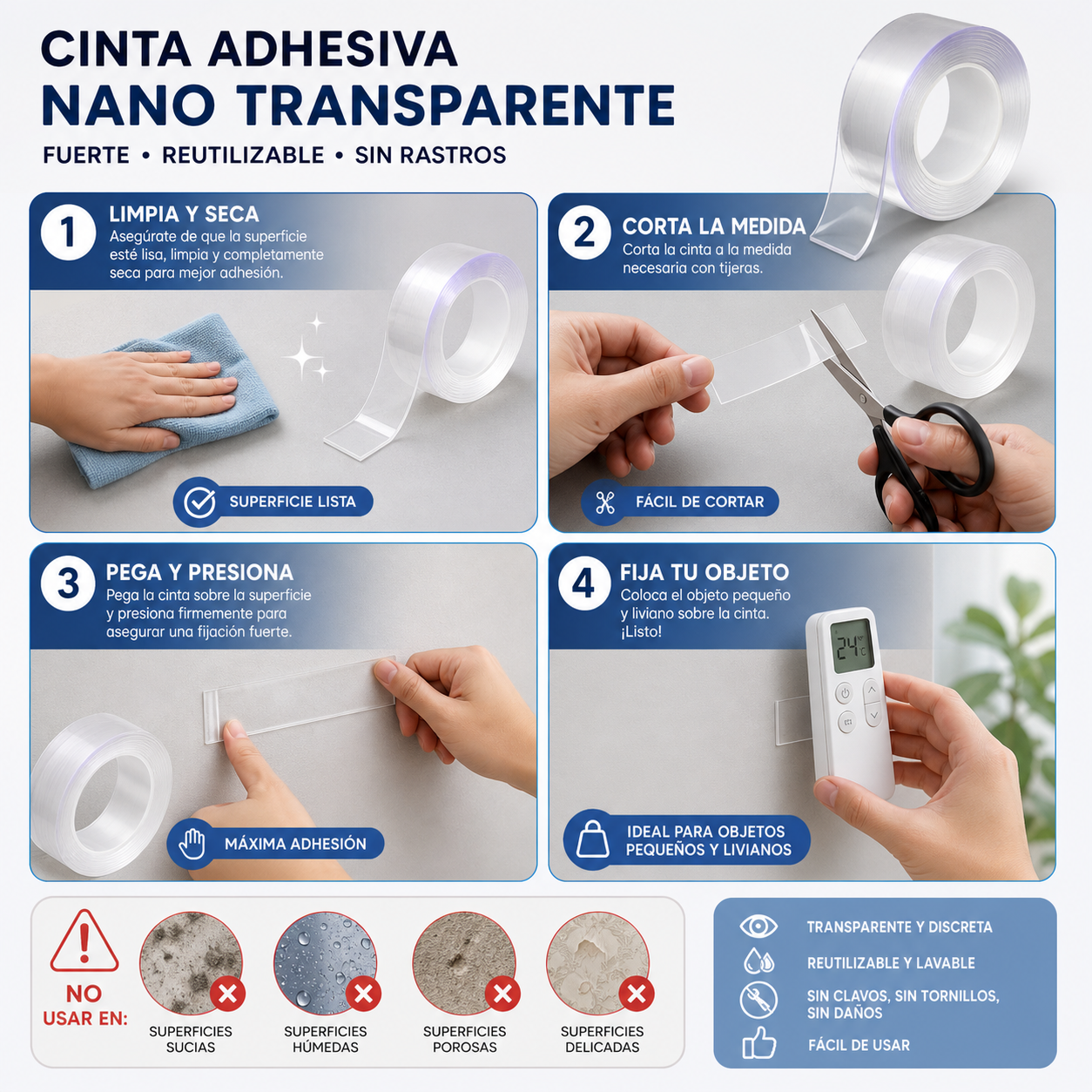 FIXTAPE NANO® PACK DE 2 CINTAS NANO DE 3 METROS ¡Olvídate de clavos y perforaciones!