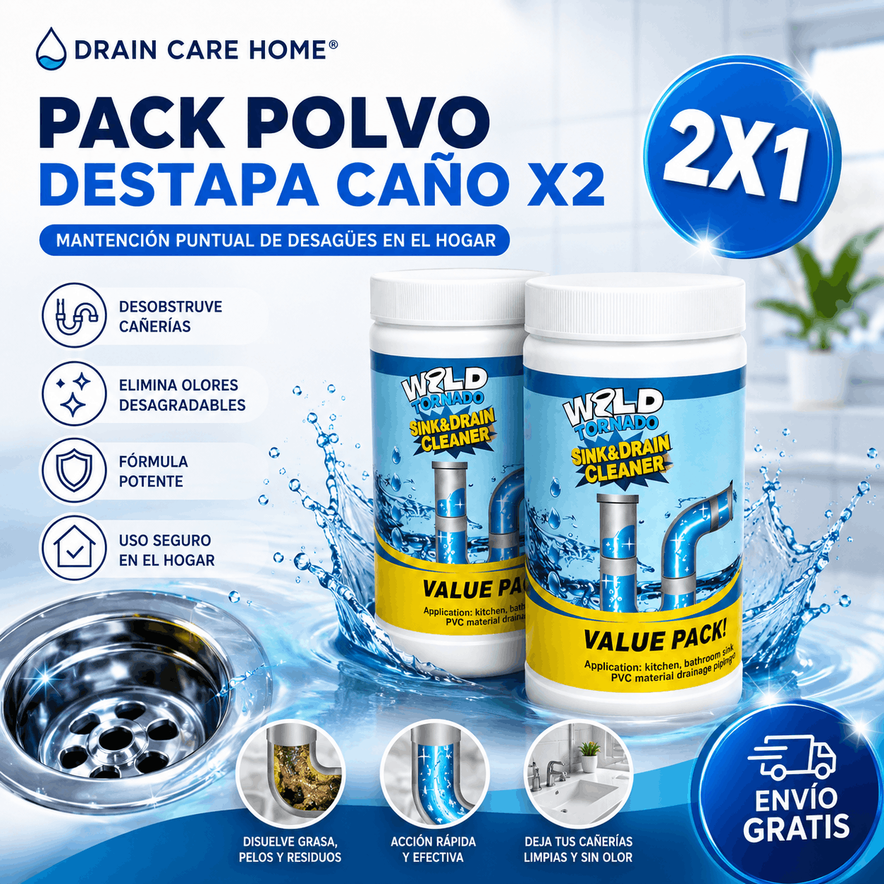 DRAIN CARE HOME® PACK POLVO DESTAPA CAÑO X2 ¡Limpia lo que nadie más limpia!