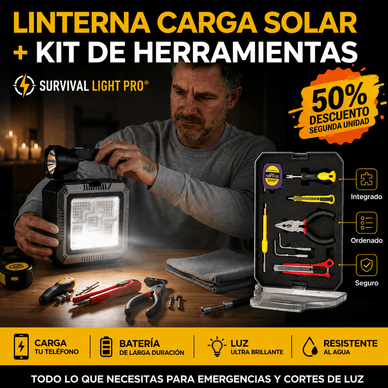 SURVIVAL LIGHT PRO® LINTERNA SOLAR KIT HERRAMIENTAS ¡Perfecto para emergencias y cortes de luz!