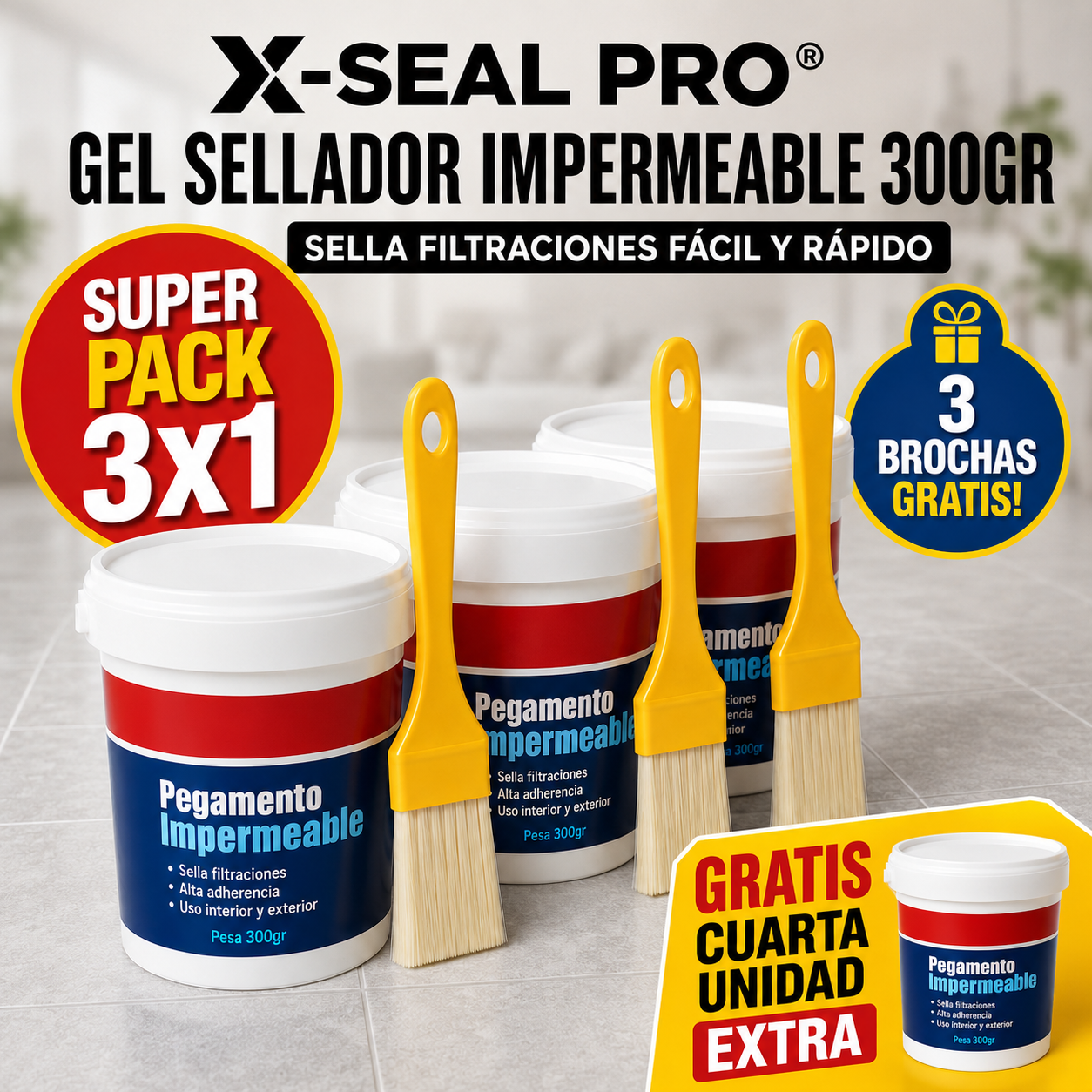 X SEAL PRO® SÚPER PACK GEL SELLADOR IMPERMEABLE 300GR ¡¡¡GRATIS UNIDAD EXTRA!!!