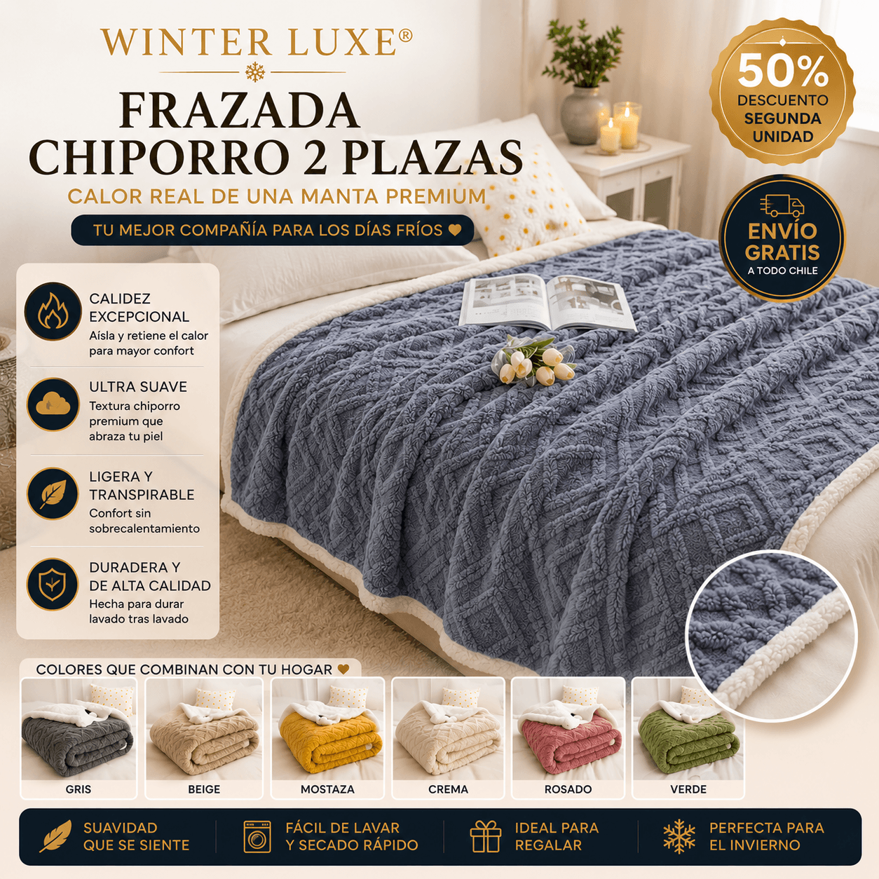 WINTER LUXE® MANTA PREMIUM CHIPORRO 2 PLAZAS ¡Calor real de una manta premium!
