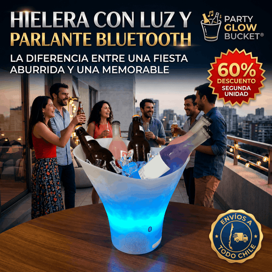 PARTY GLOW BUCKET® HIELERA CON LUZ Y PARLANTE BLUETOOTH ¡El secreto de una fiesta memorable!