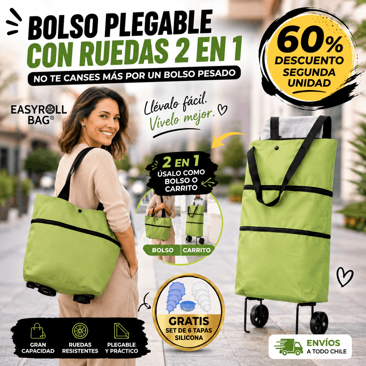 EASYROLL BAG® BOLSO PLEGABLE 2 EN 1 + ¡¡¡GRATIS SET 6 TAPAS SILICONA!!!