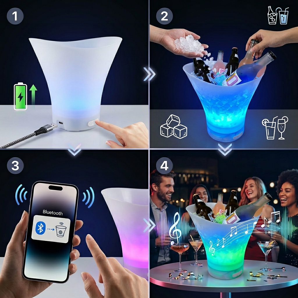 PARTY GLOW BUCKET® HIELERA CON LUZ Y PARLANTE BLUETOOTH ¡El secreto de una fiesta memorable!