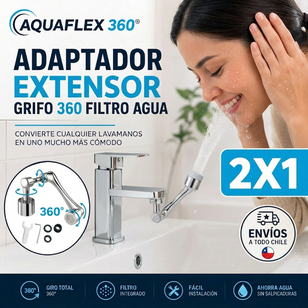 AQUAFLEX 360® ADAPTADOR EXTENSOR GRIFO 360 FILTRO AGUA ¡Tu lavamanos más cómodo!