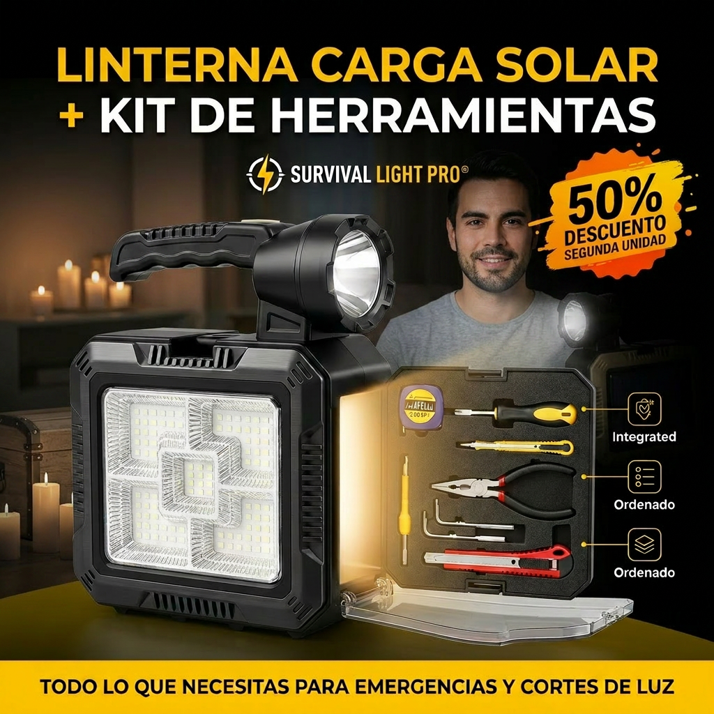 SURVIVAL LIGHT PRO® LINTERNA SOLAR KIT HERRAMIENTAS ¡Perfecto para emergencias y cortes de luz!