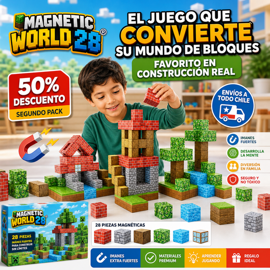 MAGNETIC WORLD 28® BLOQUES MAGNÉTICOS PREMIUM 28 PIEZAS ¡El juego de bloques favorito ahora es real!