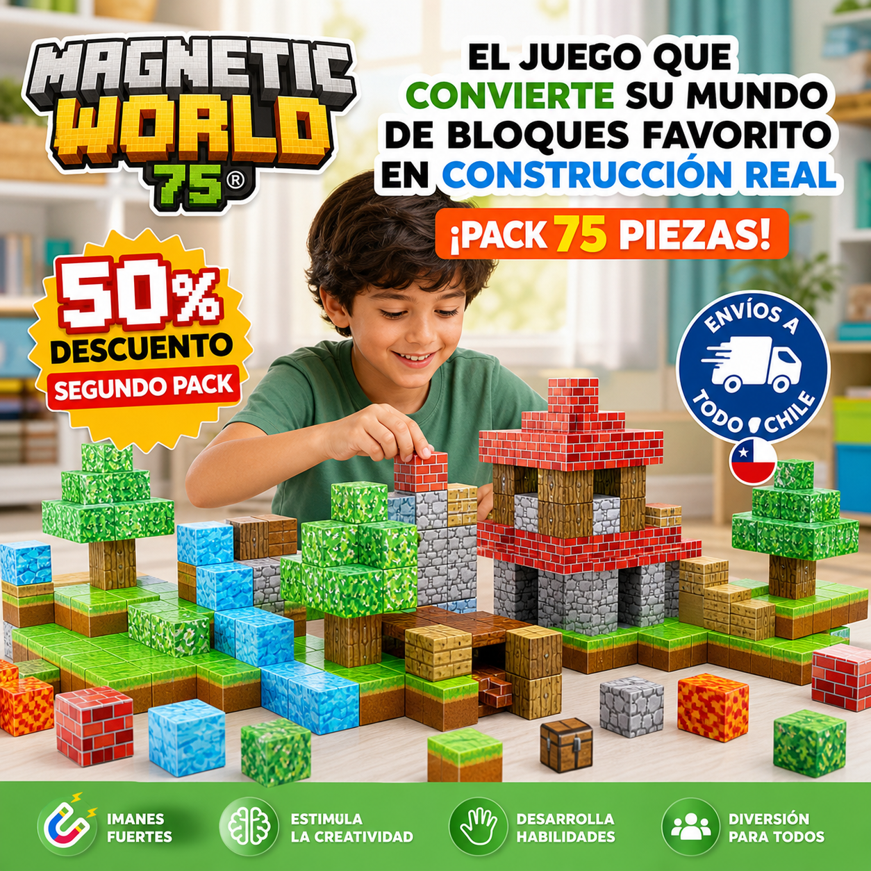 MAGNETIC WORLD 75® BLOQUES MAGNÉTICOS - ¡MEGA PACK 75 PIEZAS!