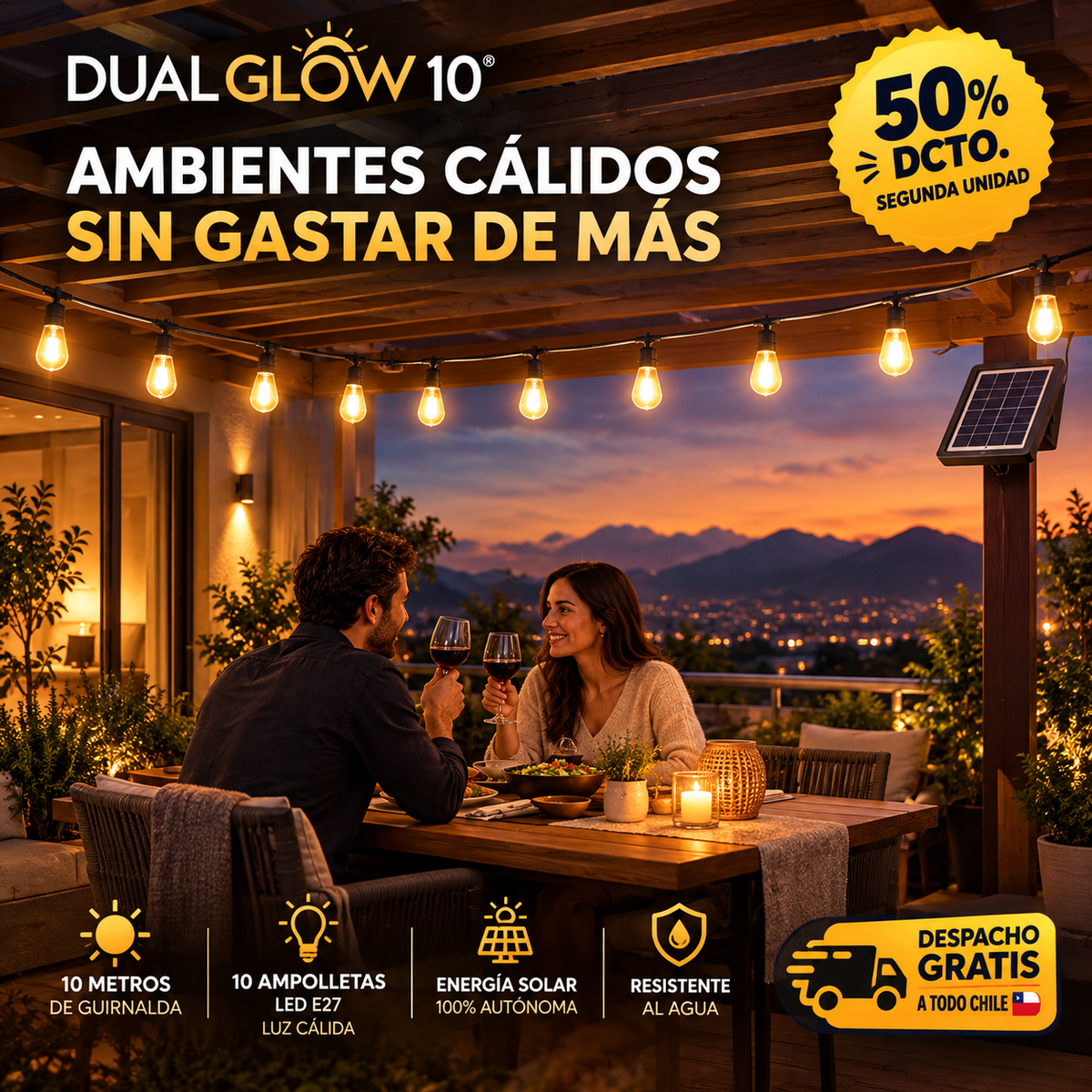 DUAL GLOW 10® GUIRNALDA SOLAR 10M + CARGA USB-C ¡AMBIENTES CÁLIDOS SIN GASTAR DE MÁS!