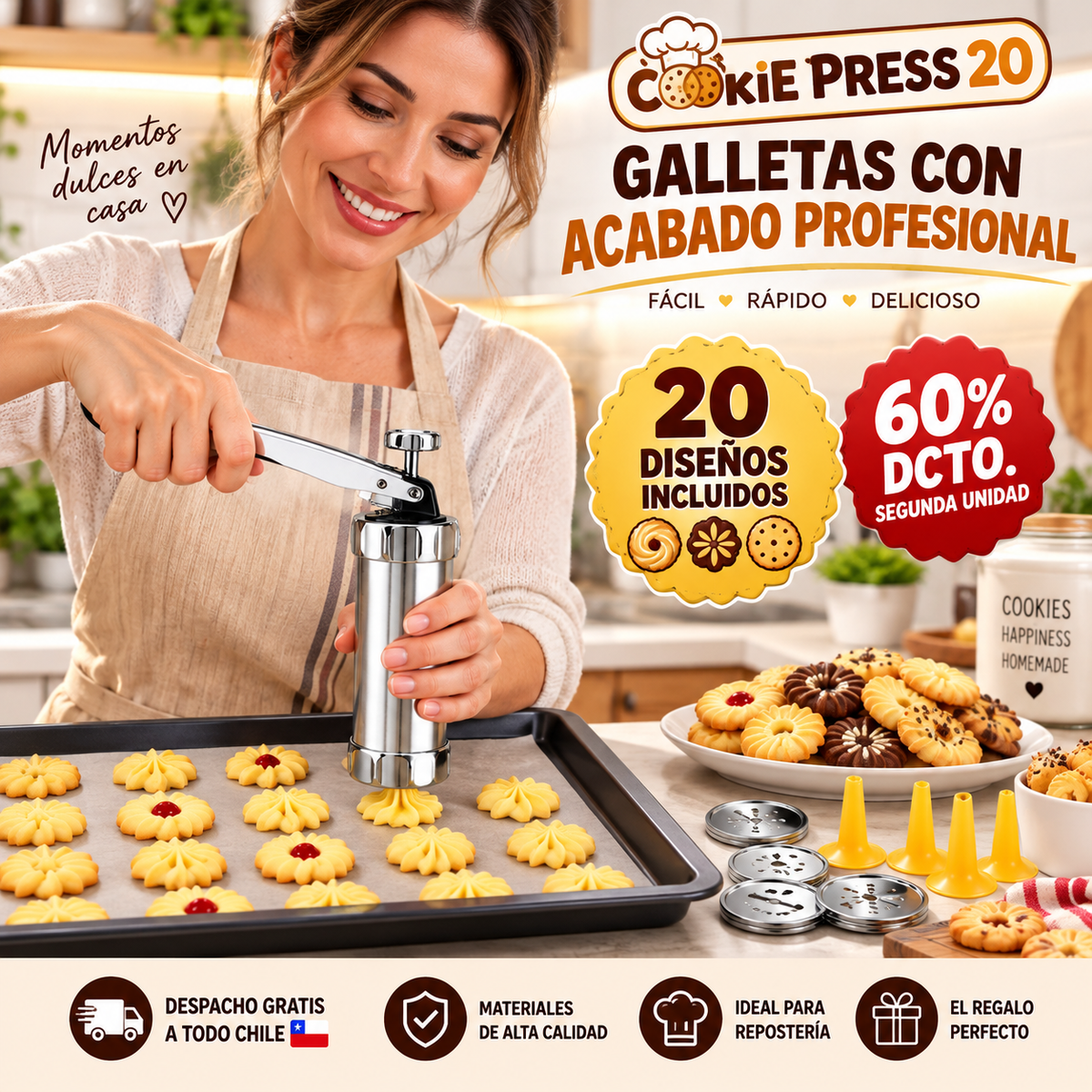 COOKIE PRESS 20®- MOLDEADOR METÁLICO DE GALLETAS ¡TUS GALLETAS CON ACABADO PROFESIONAL!