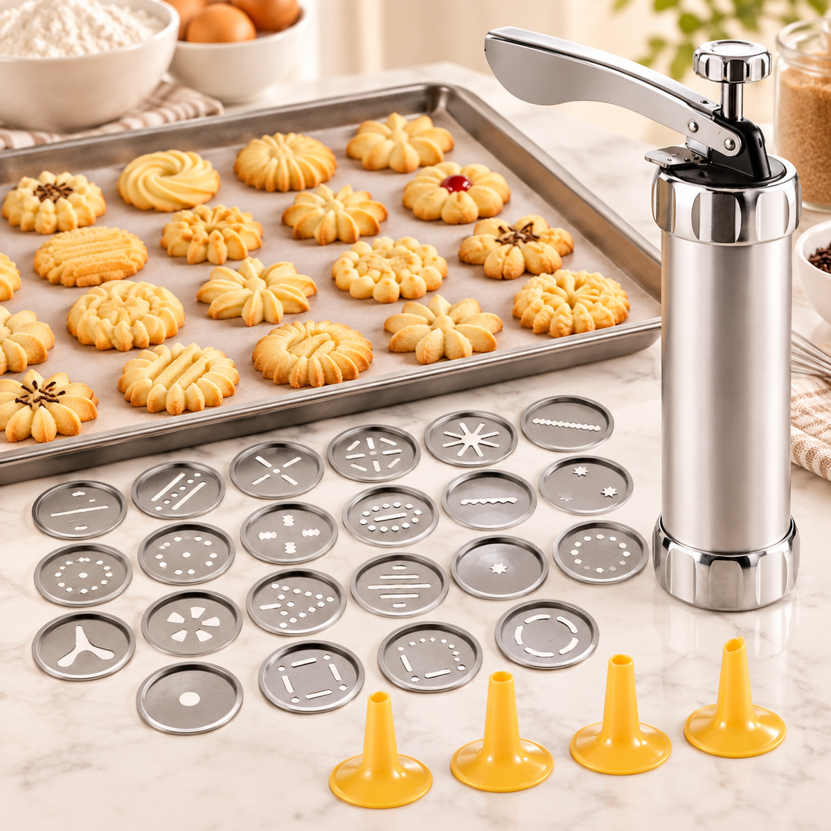 COOKIE PRESS 20®- MOLDEADOR METÁLICO DE GALLETAS ¡TUS GALLETAS CON ACABADO PROFESIONAL!
