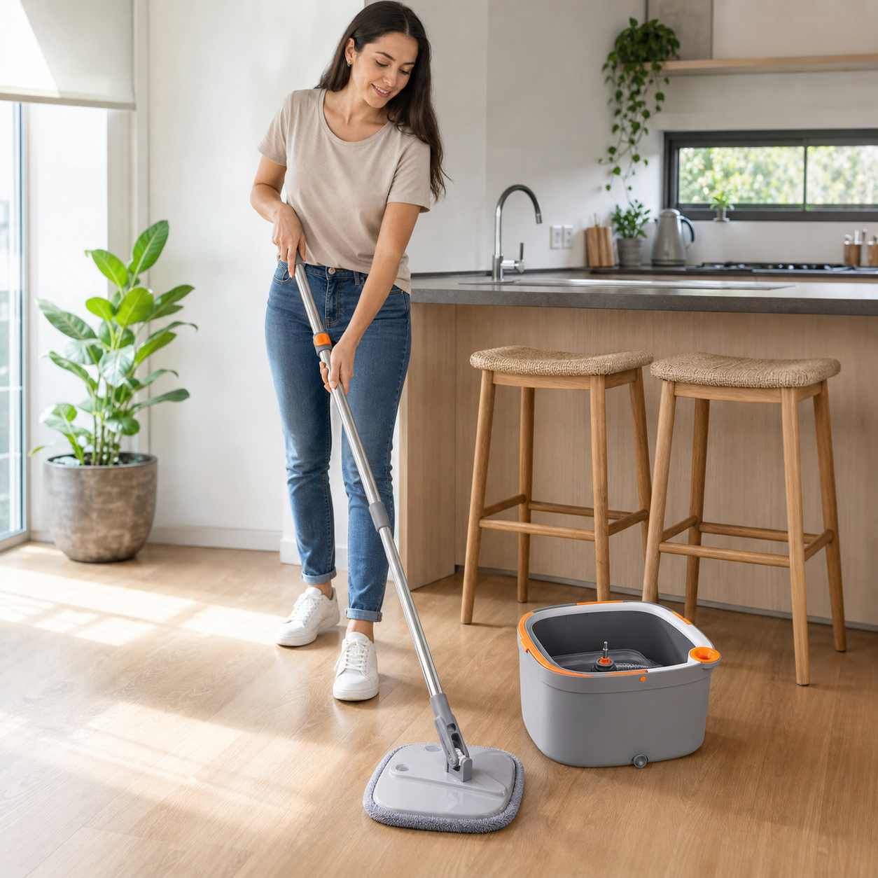 SPIN CLEAN PRO® TRAPEADOR GIRATORIO 360 CON BALDE ¡Limpia mejor sin tocar agua sucia!