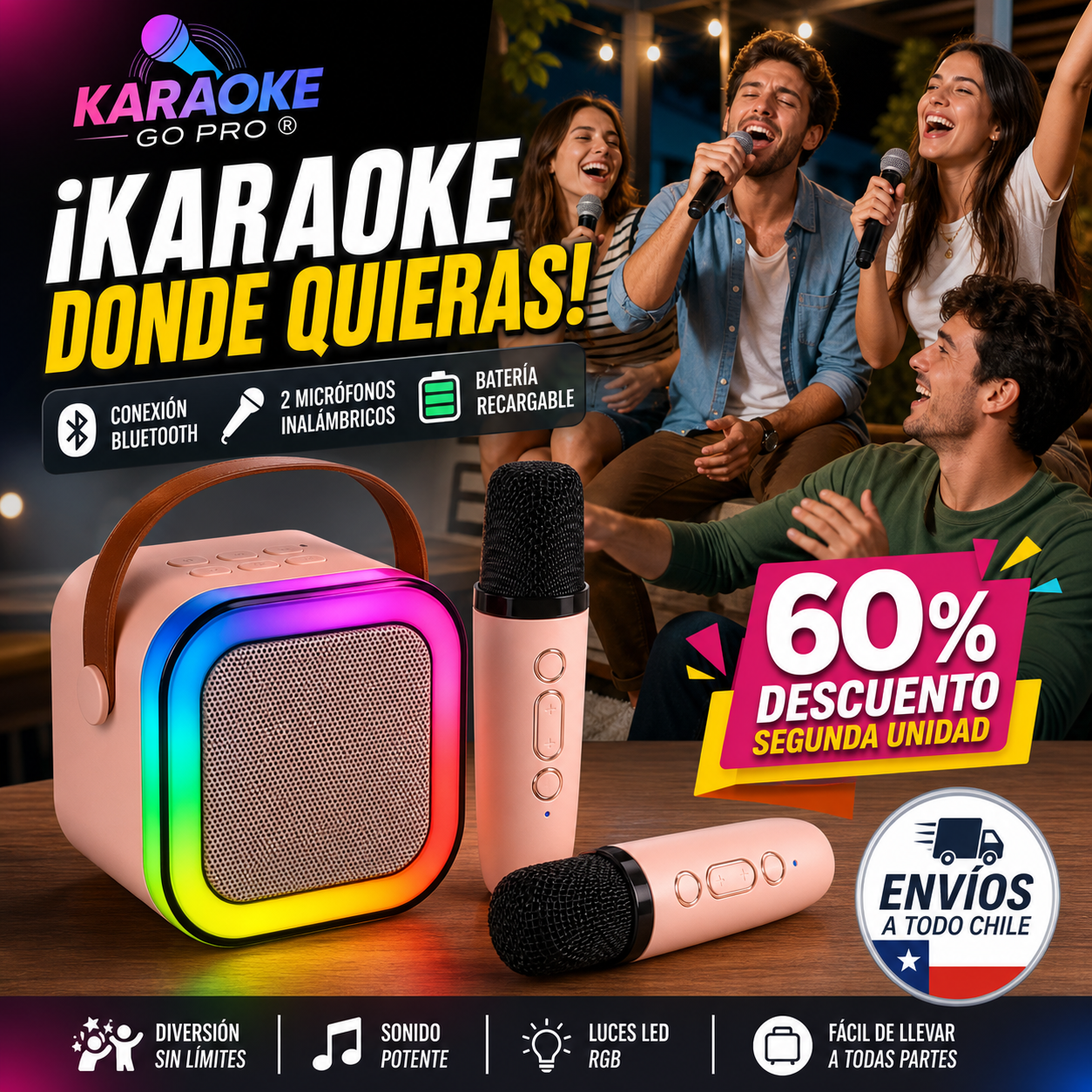 KARAOKE GO PRO® PARLANTE PORTÁTIL CON 2 MICRÓFONOS INALÁMBRICOS ¡Karaoke donde quieras!