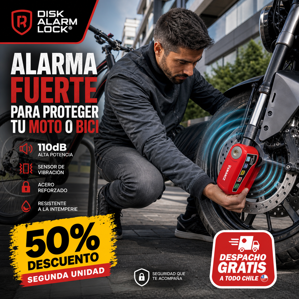 DISK ALARM LOCK® CANDADO DE DISCO CON ALARMA PARA MOTO Y BICI Alarma fuerte para proteger tu moto o bici