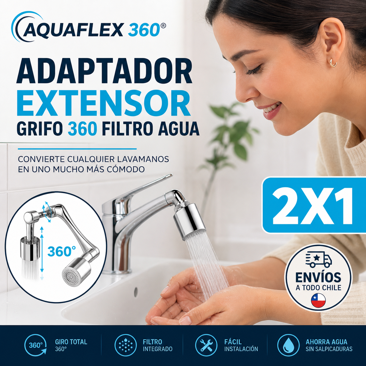 AQUAFLEX 360® ADAPTADOR EXTENSOR GRIFO 360 FILTRO AGUA ¡Tu lavamanos más cómodo!