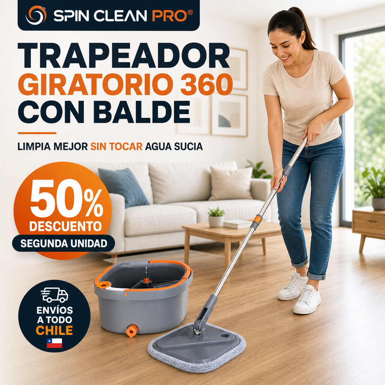 SPIN CLEAN PRO® TRAPEADOR GIRATORIO 360 CON BALDE ¡Limpia mejor sin tocar agua sucia!