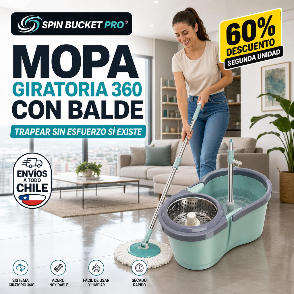 SPIN BUCKET PRO® MOPA GIRATORIA 360 CON BALDE Trapear sin esfuerzo.. ¡Se puede!