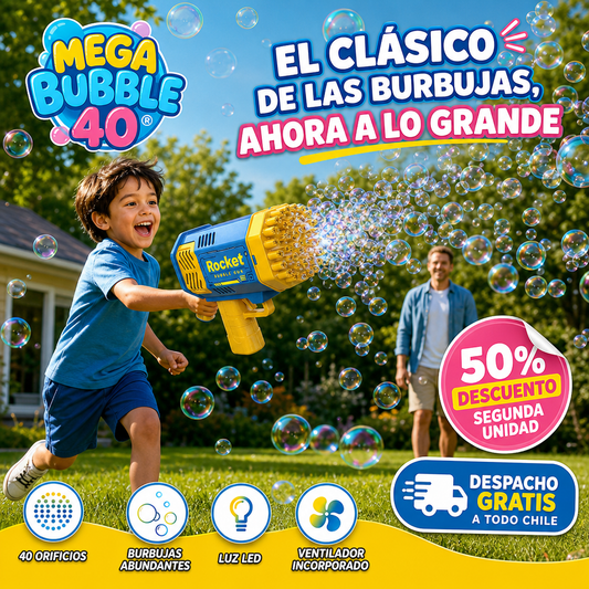 MEGA BUBBLE 40® LANZADOR MECÁNICO DE BURBUJAS CON 40 ORIFICIOS ¡Burbujas a lo grande!