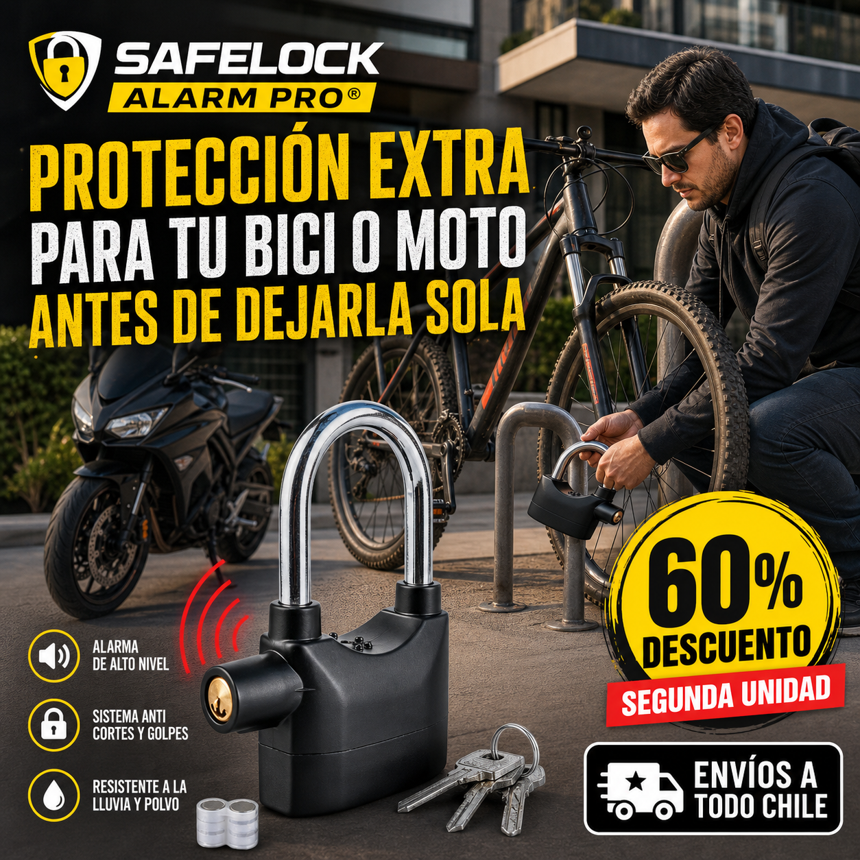 SAFELOCK ALARM PRO® CANDADO ANTIRROBO CON ALARMA ¡Protección extra!
