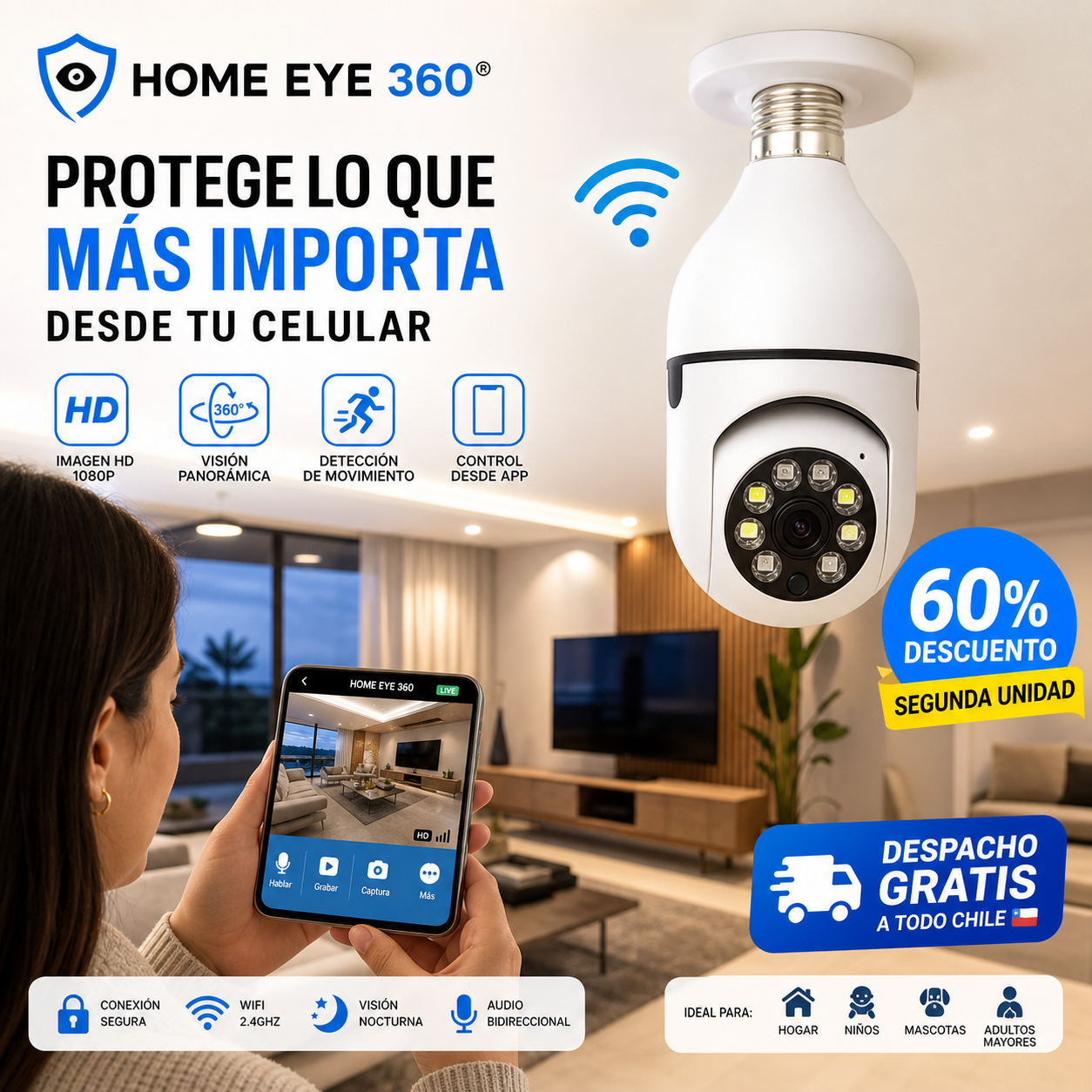 HOME EYE 360® CÁMARA FOCO DE SEGURIDAD HD PANORÁMICA Protege lo que más importa ¡Desde tu celular!