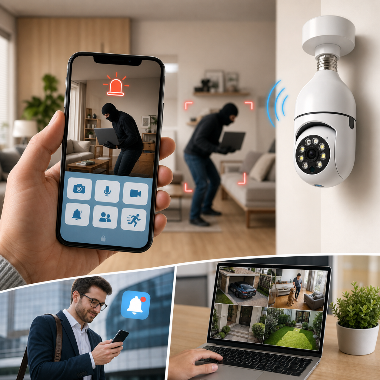HOME EYE 360® CÁMARA FOCO DE SEGURIDAD HD PANORÁMICA Protege lo que más importa ¡Desde tu celular!