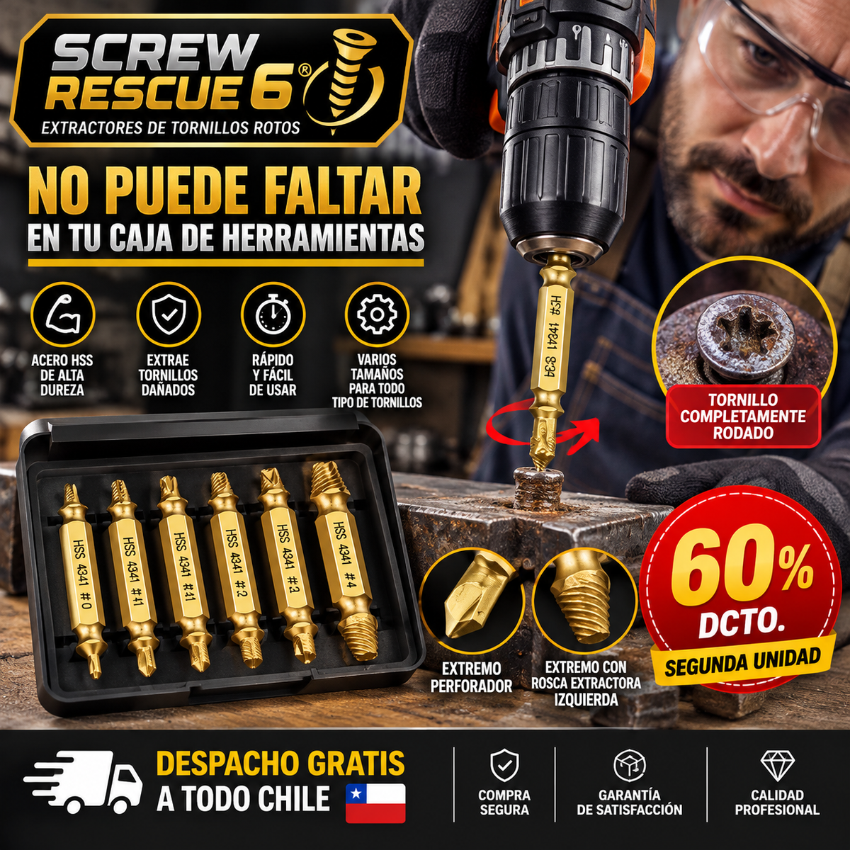 SCREW RESCUE 6® EXTRACTOR DE TORNILLOS Y PERNOS ROTOS ¡NO PUEDE FALTAR EN TU CAJA DE HERRAMIENTAS!
