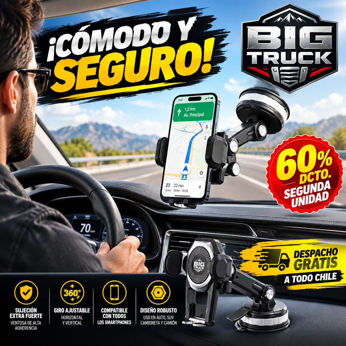 BIG TRUCK SOPORTE DE CELULAR 360° PARA AUTO ¡CÓMODO Y SEGURO!