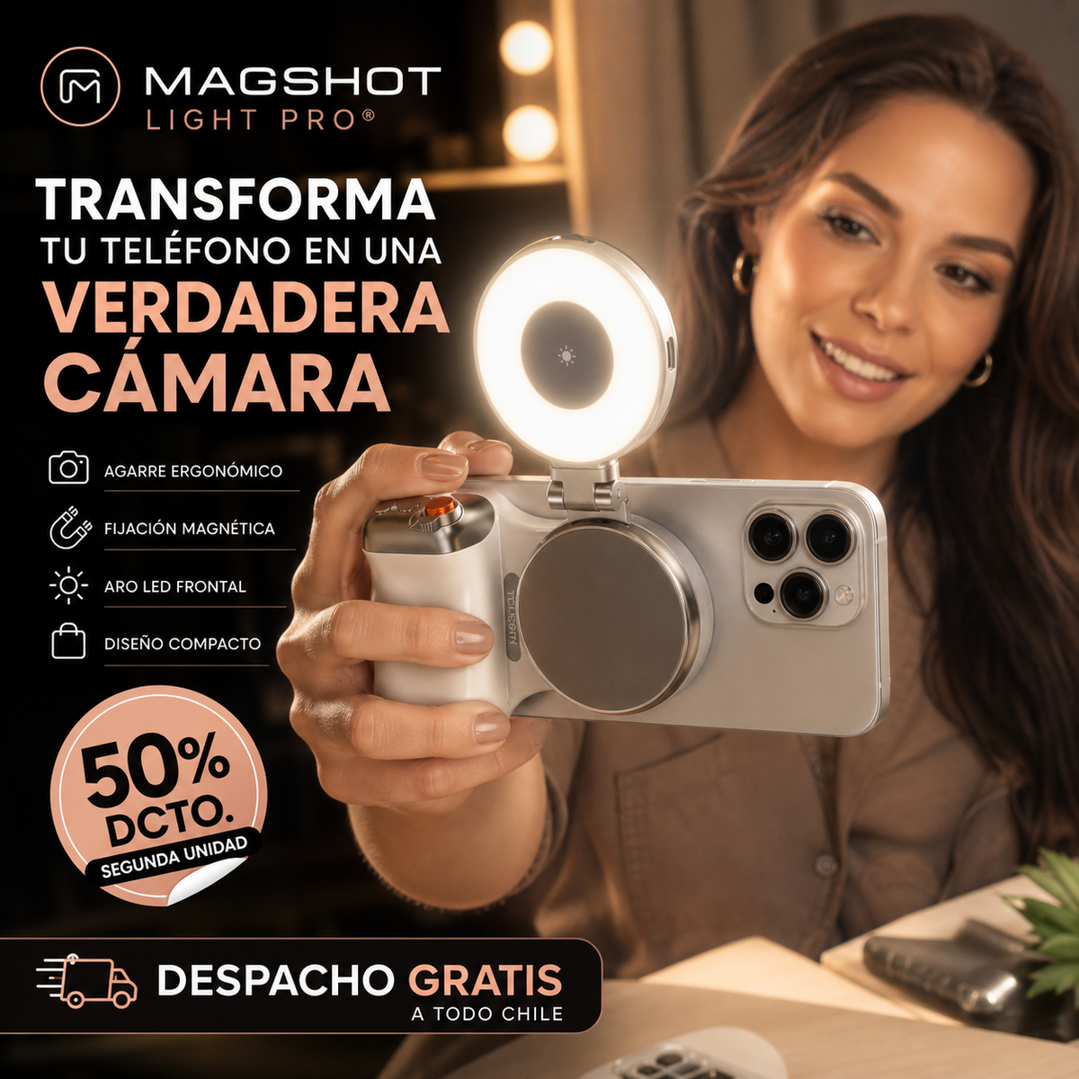 MAGSHOT LIGHT PRO® GRIP MAGNÉTICO CON LUZ LED ¡TRANSFORMA TU TELÉFONO EN UNA VERDADERA CÁMARA!