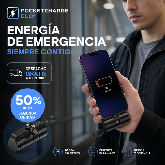 POCKETCHARGE DUO® MINI POWER BANK TIPO LLAVERO ¡NO TE QUEDES SIN ENERGÍA!
