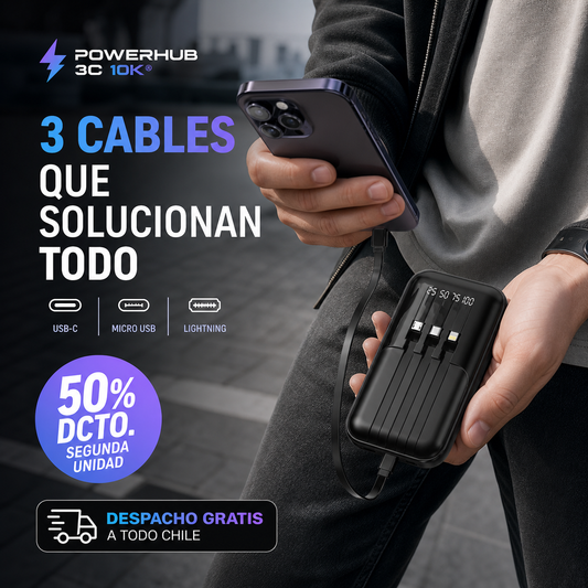 POWERHUB 3C 10K® POWER BANK 10.000 mAh ¡BATERÍA PORTATIL CON 3 CABLES INTEGRADOS!