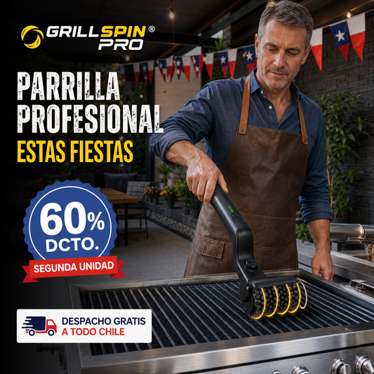 GRILLSPIN PRO® CEPILLO ELÉCTRICO RECARGABLE PARA PARRILLA ¡PARRILLERO PROFESIONAL DE 18!