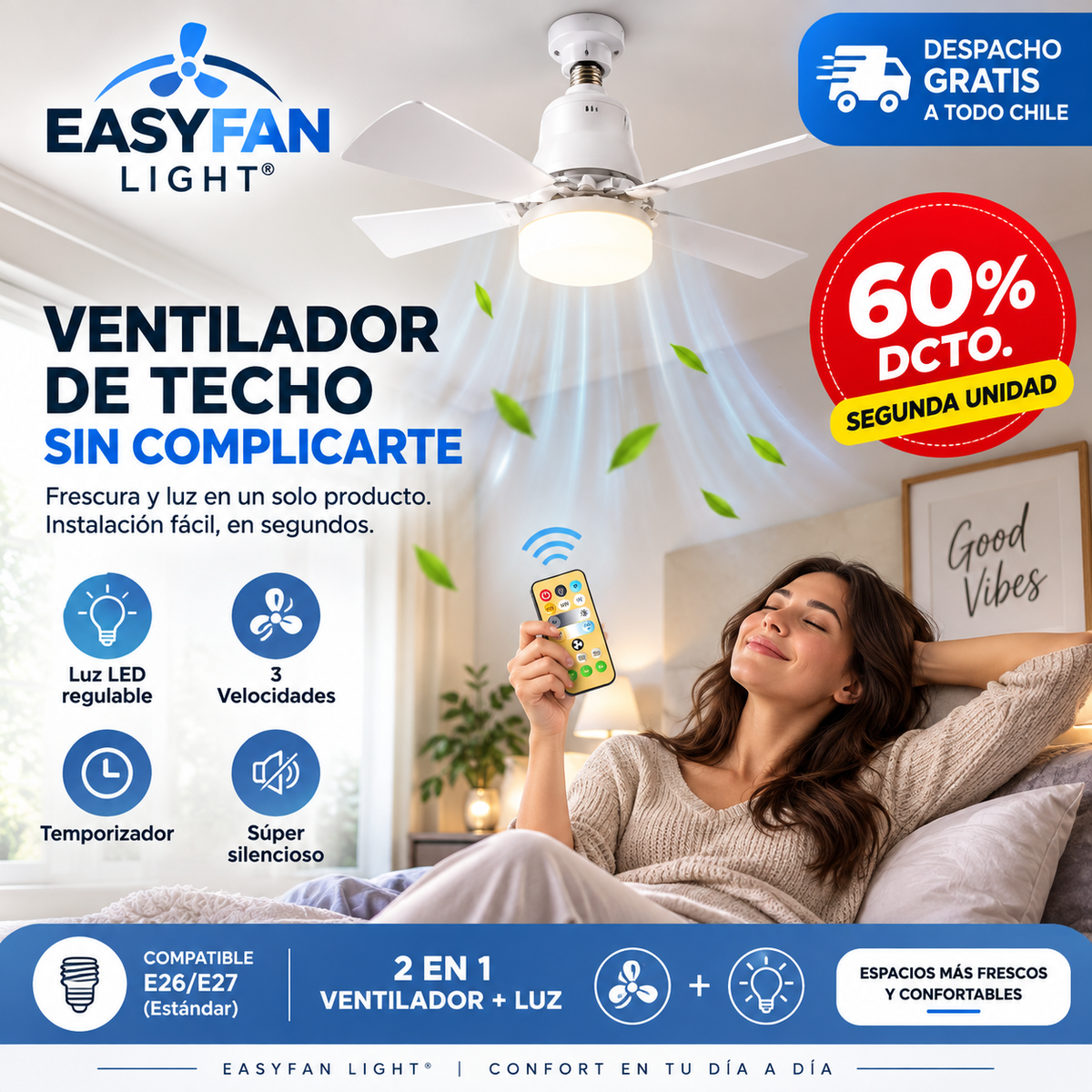 EASYFAN LIGHT® VENTILADOR DE TECHO + LUZ LED ¡VENTILADOR DE TECHO SIN COMPLICARTE!