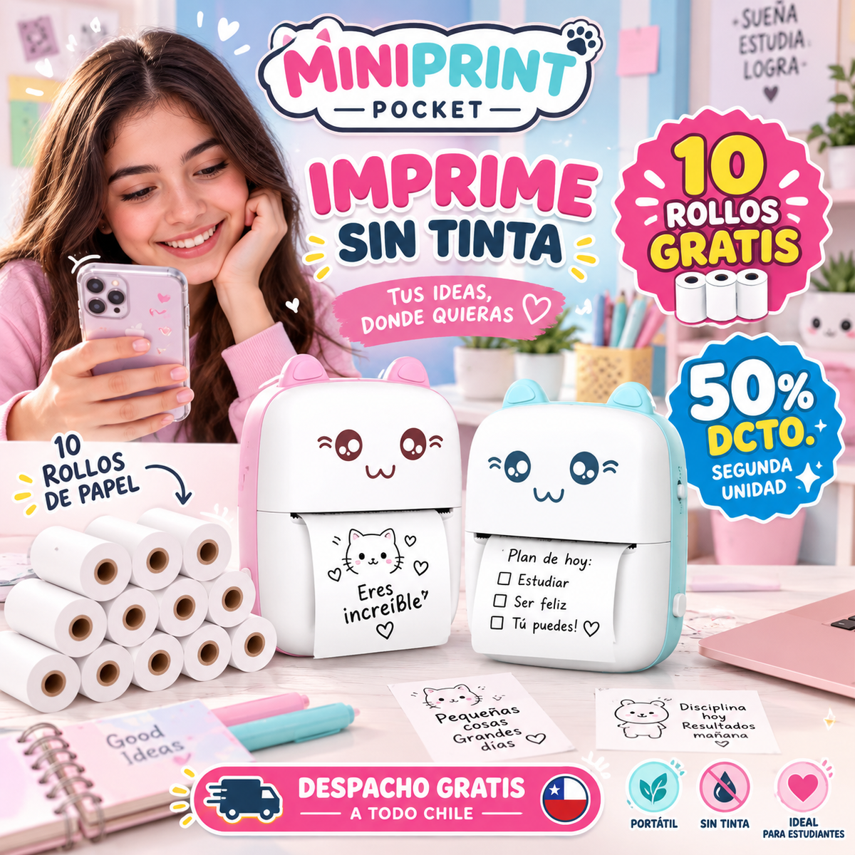 MINIPRINT POCKET MINI IMPRESORA TÉRMICA PORTÁTIL ¡IMPRIME SIN COMPRAR TINTA! - ¡Gratis 10 rollos de papel!