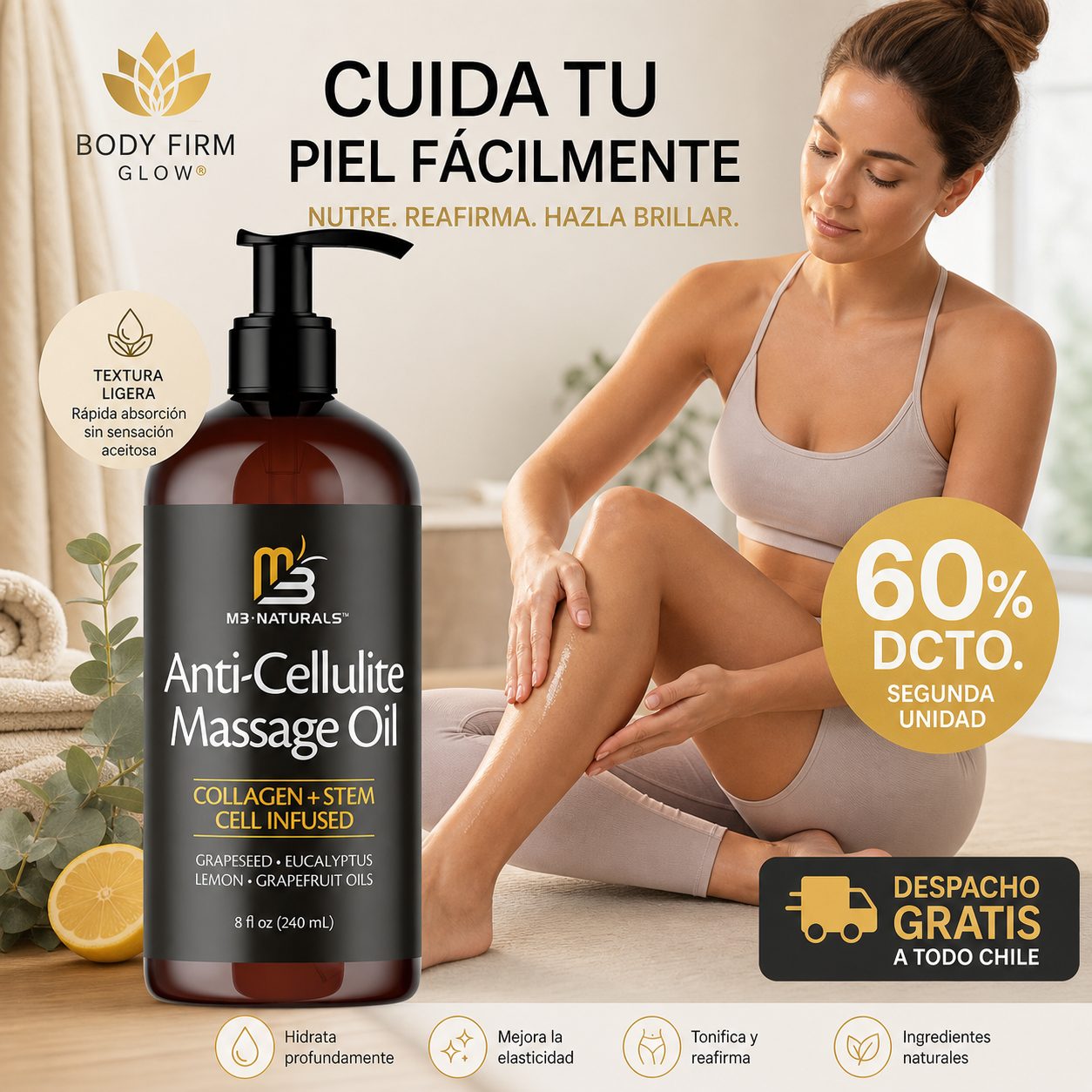 BODY FIRM GLOW® ACEITE CORPORAL REAFIRMANTE 240 ML ¡CUIDA TU PIEL FÁCILMENTE!
