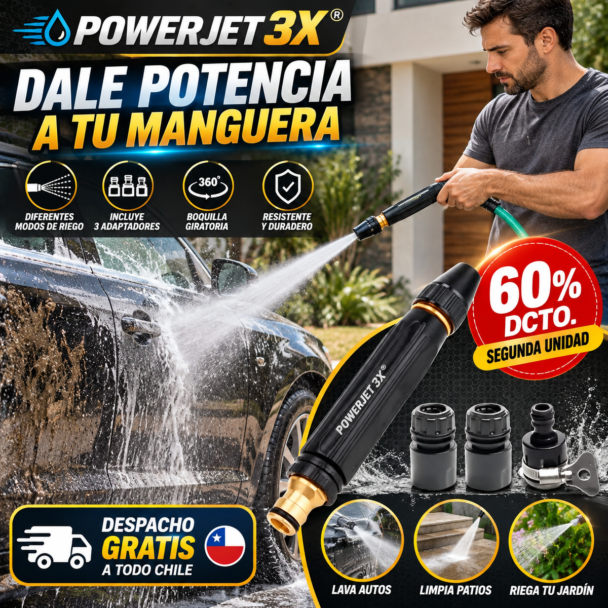 POWERJET 3X® PISTOLA DE ALTA PRESIÓN 3 EN 1 ¡DALE POTENCIA A LA MANGUERA QUE YA TIENES!