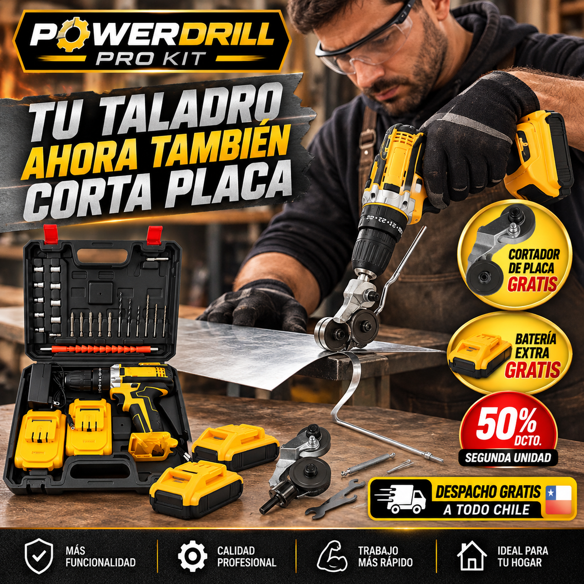 POWERDRILL PRO KIT TALADRO INALÁMBRICO + GRATIS CORTADOR DE PLACA Y BATERÍA EXTRA ¡TU TALADRO AHORA TAMBIÉN CORTA!