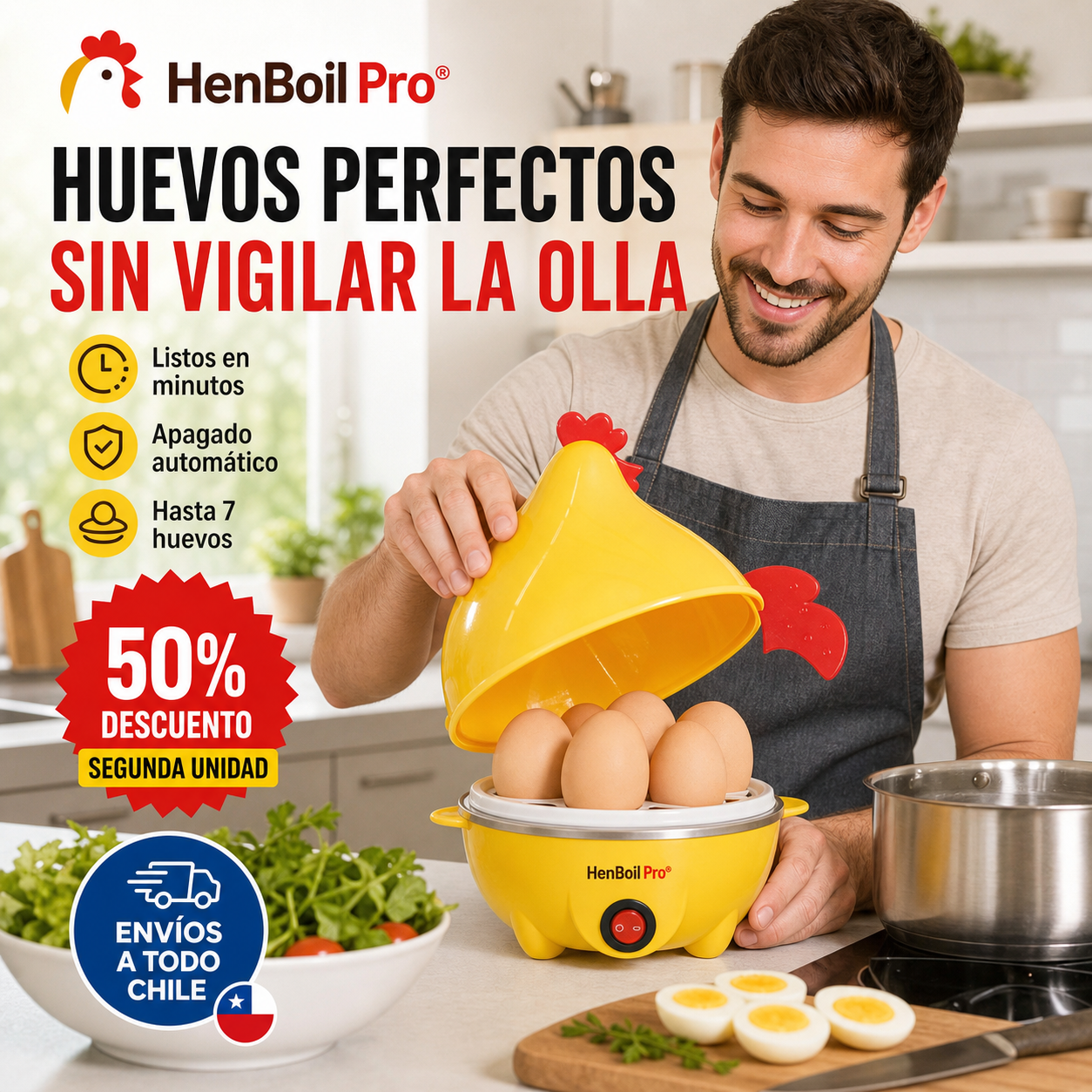 HENBOIL PRO® GALLINA HERVIDORA DE HUEVOS ¡Huevos perfectos sin vigilar la olla!