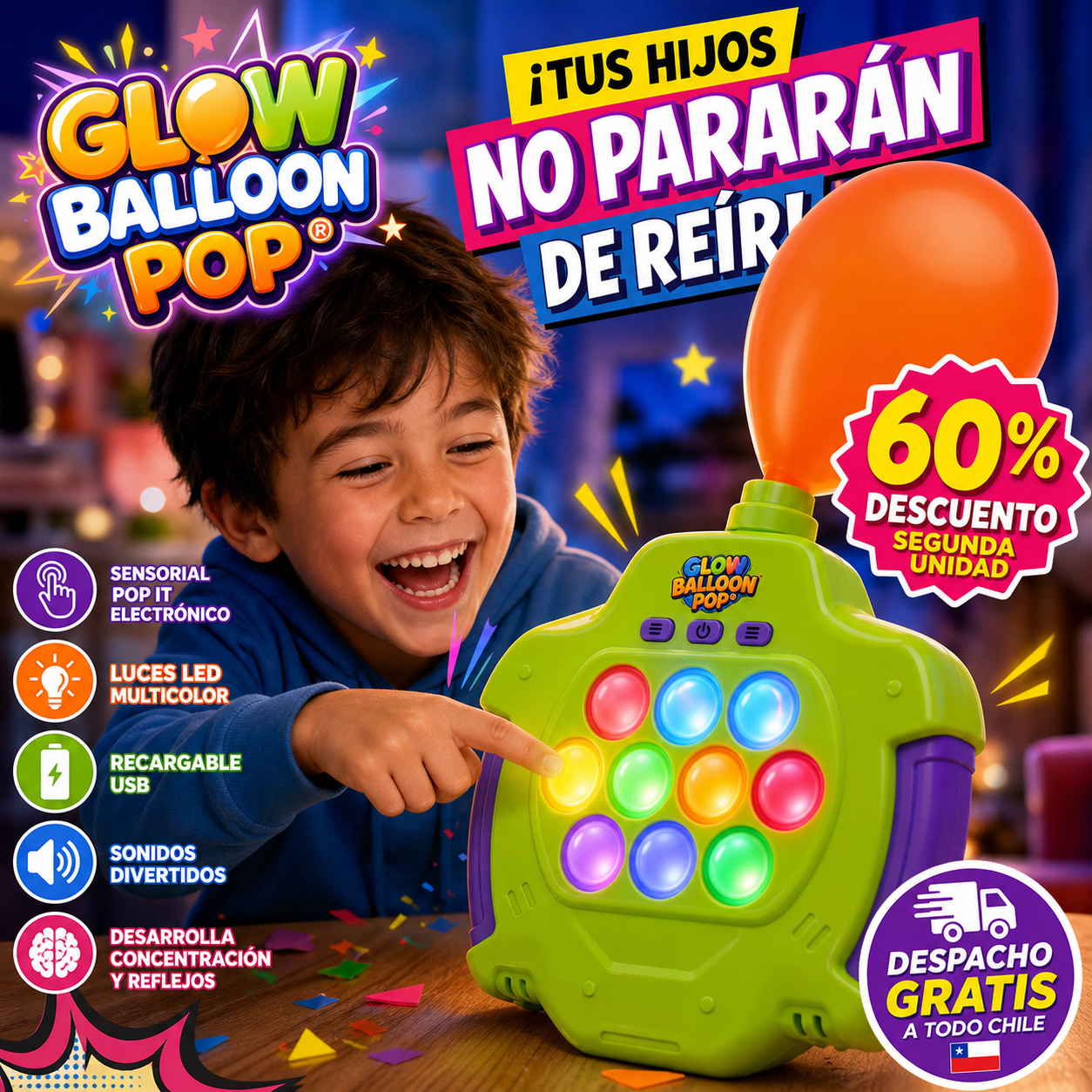 GLOW BALLOON POP® POP IT REVIENTA GLOBO CON LUCES Y SONIDOS ¡Tus hijos no pararán de reír!