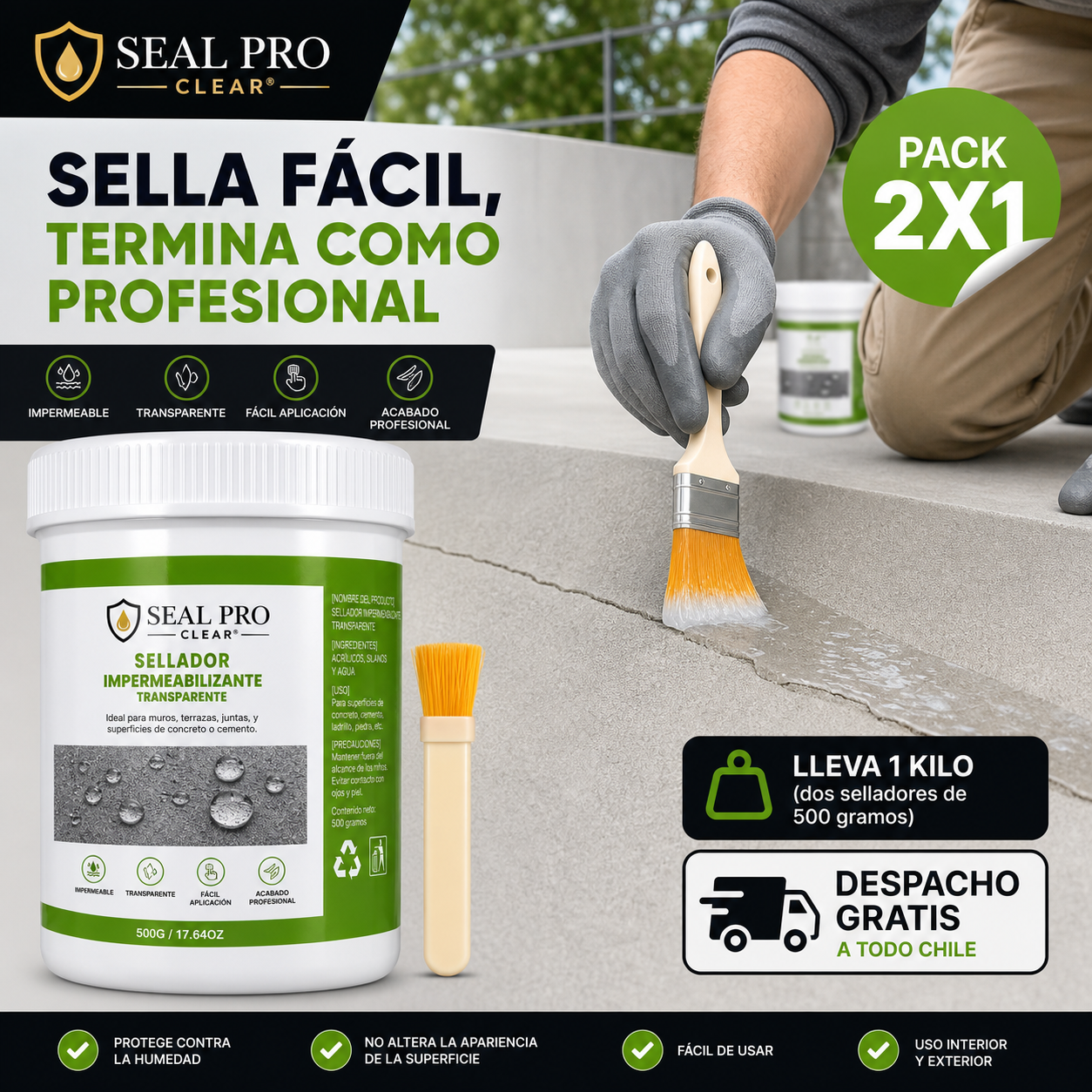 SEAL PRO CLEAR® SELLADOR IMPERMEABLE TRANSPARENTE + BROCHA - ¡LLEVA 1 KILO CON EL 2X1!