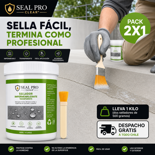 SEAL PRO CLEAR® SELLADOR IMPERMEABLE TRANSPARENTE + BROCHA - ¡LLEVA 1 KILO CON EL 2X1!