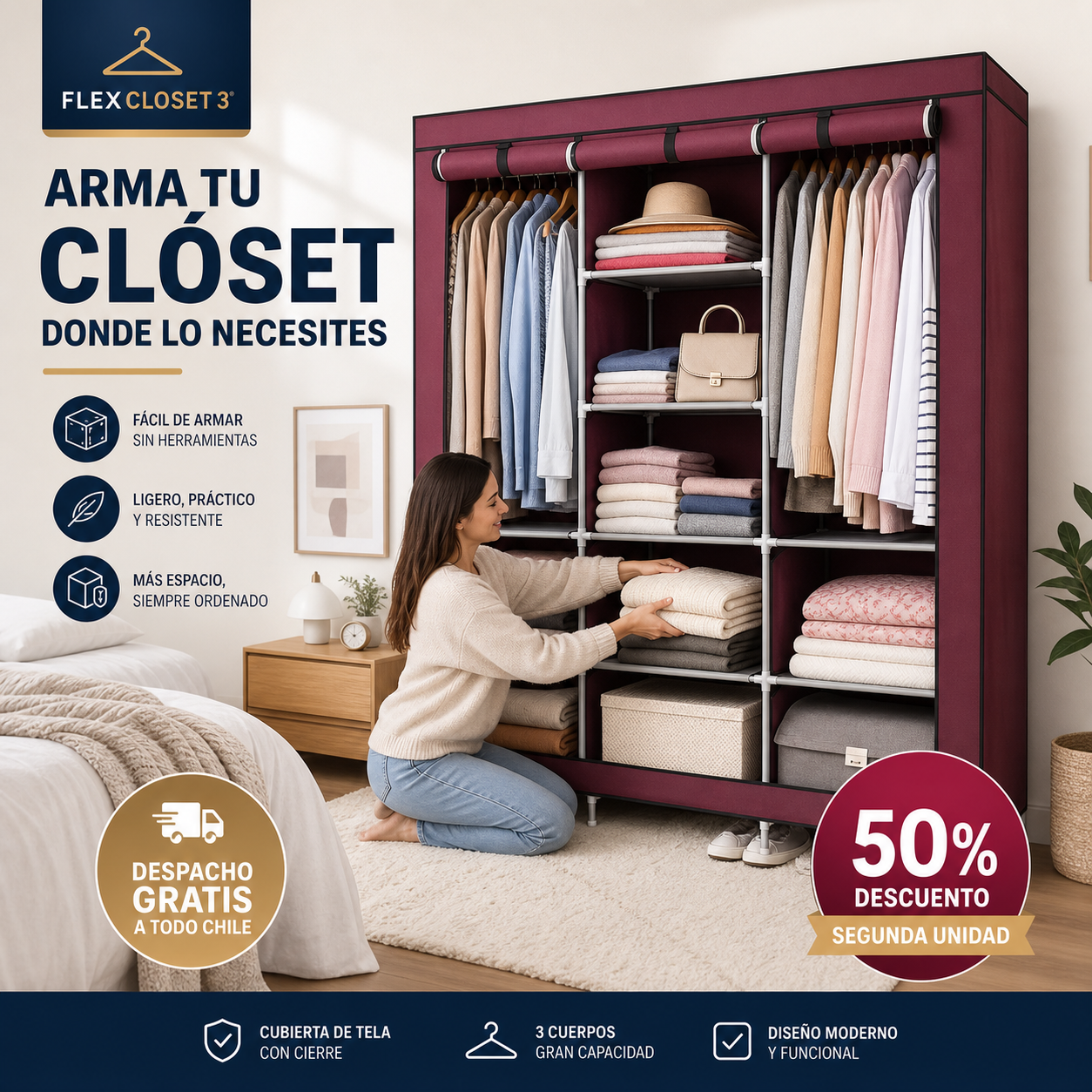 FLEX CLOSET 3® ARMARIO CLÓSET ARMABLE DE 3 CUERPOS. ¡Arma tu clóset donde lo necesites!