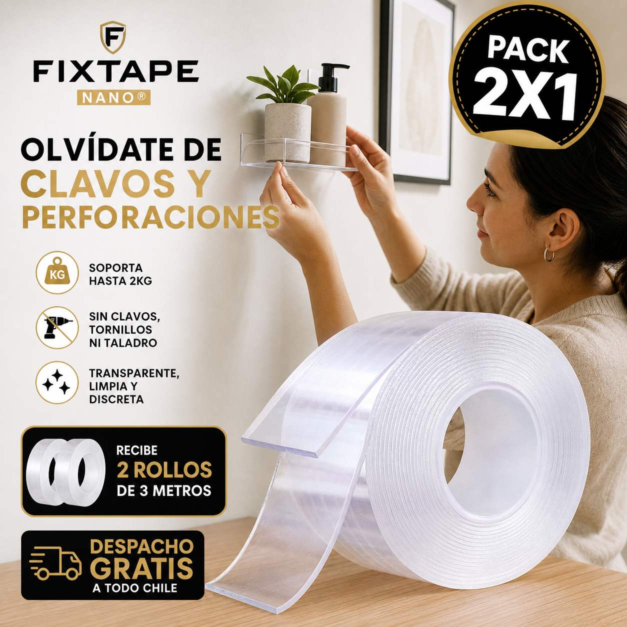 FIXTAPE NANO® PACK DE 2 CINTAS NANO DE 3 METROS ¡Olvídate de clavos y perforaciones!