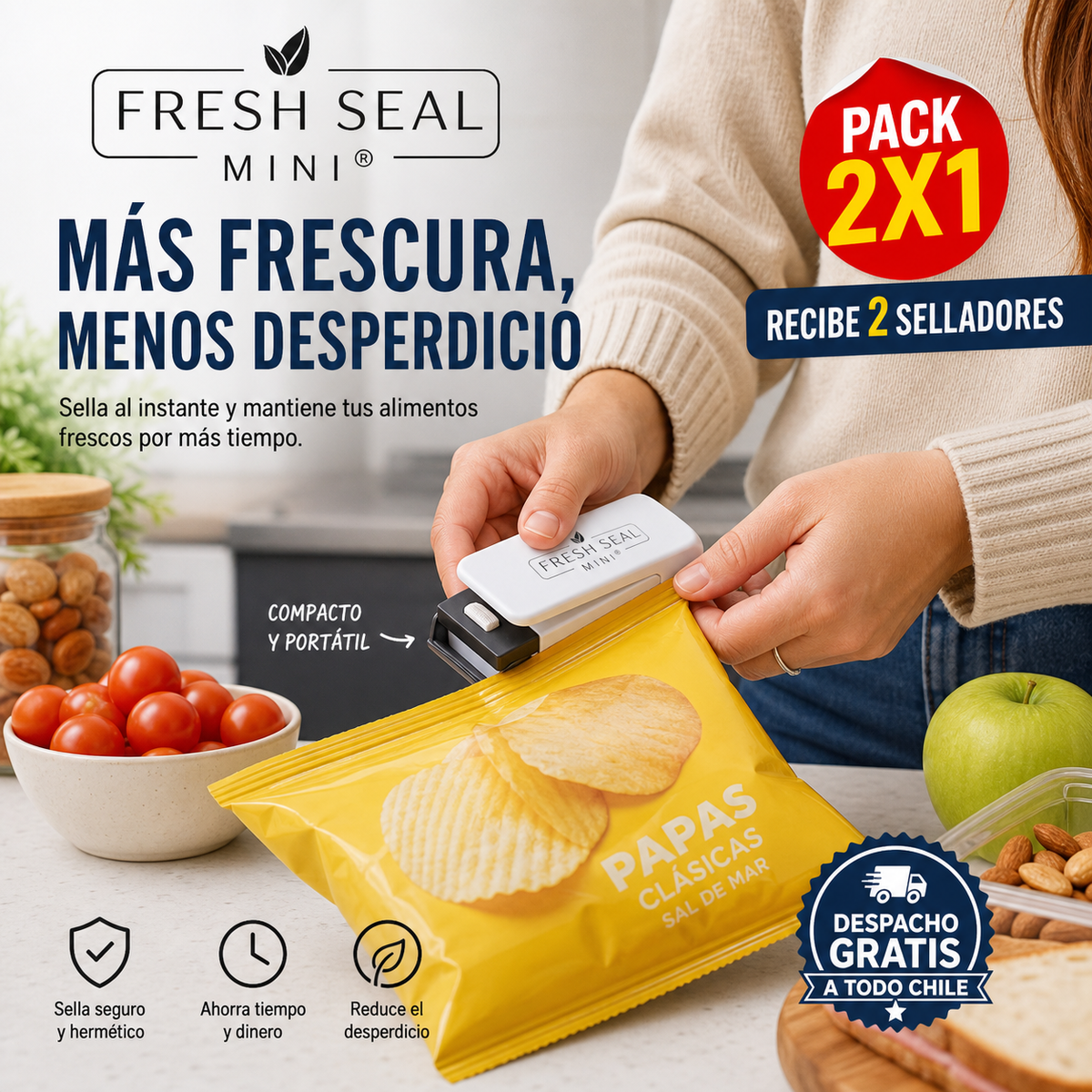 2X1 FRESH SEAL MINI® SELLADOR PORTÁTIL DE BOLSAS-  ¡Más frescura, menos desperdicio!