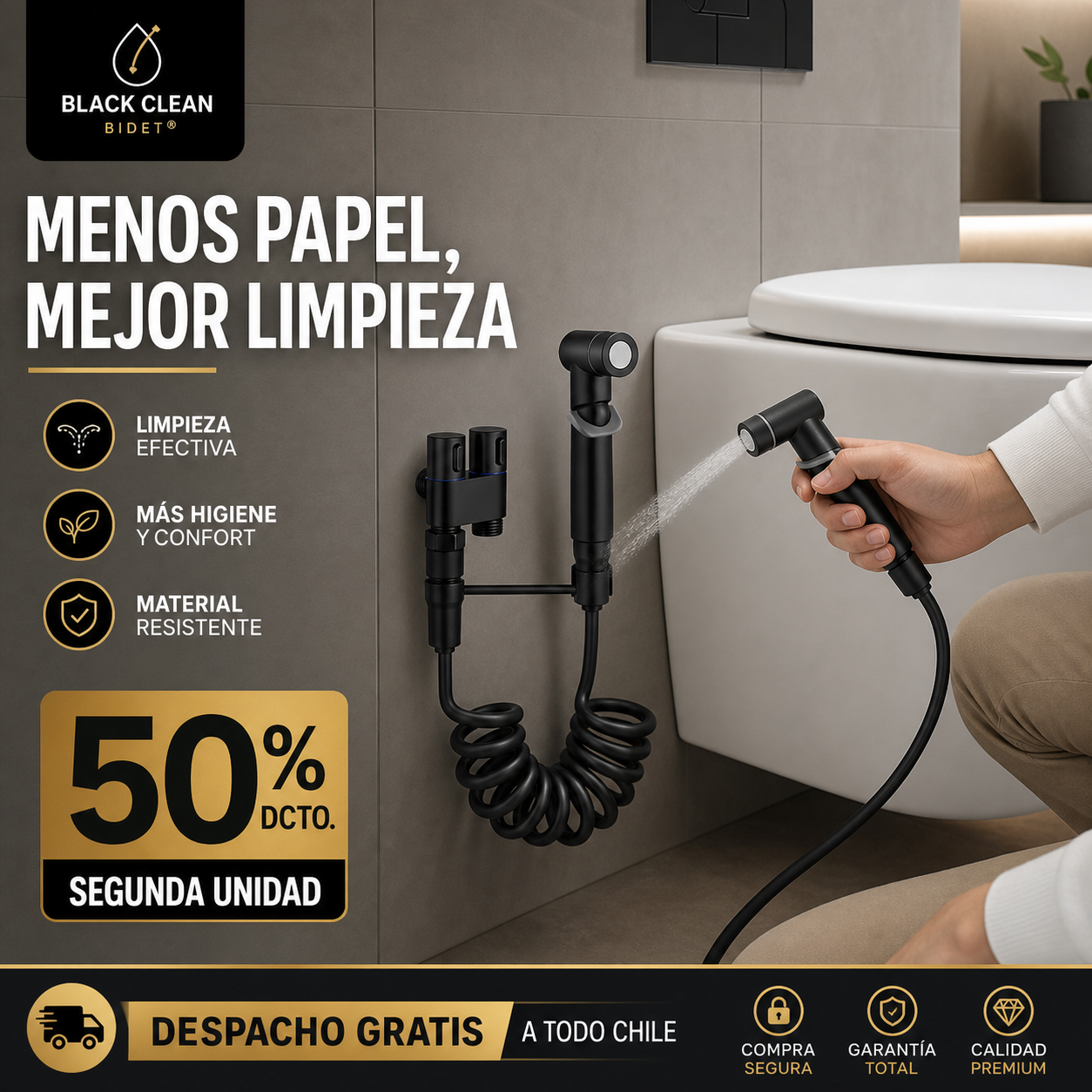 BLACK CLEAN BIDET® DUCHA HIGIÉNICA BIDET DE MANO MENOS PAPEL. MEJOR LIMPIEZA.