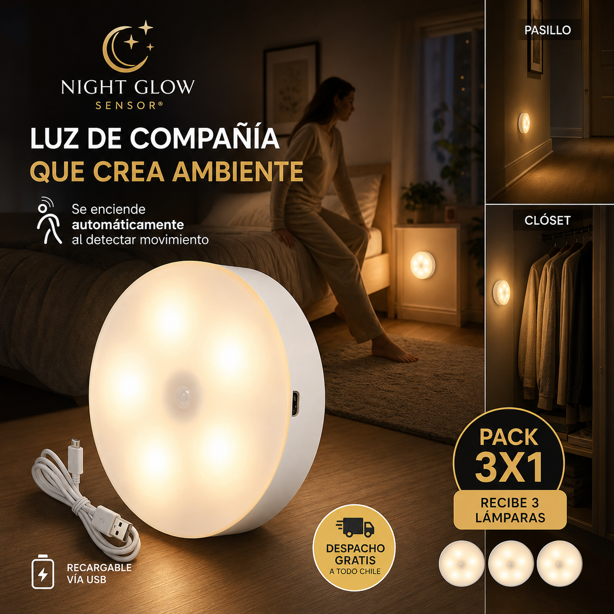 NIGHT SENSOR® LÁMPARA LED CON SENSOR DE MOVIMIENTO ¡PACK 3X1!