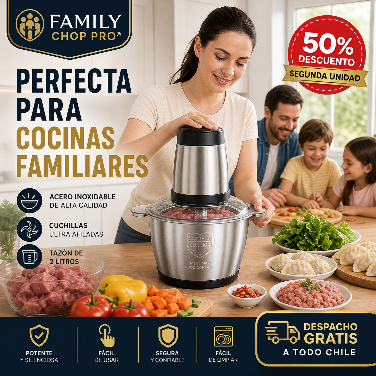 FAMILY CHOP PRO® PICADORA ELÉCTRICA DE DOS VELOCIDADES ¡Perfecta para cocinas familiares!