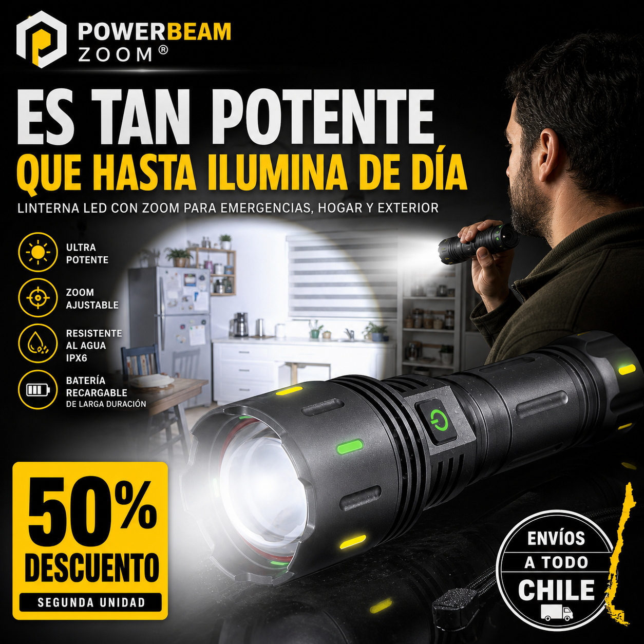 POWERBEAM ZOOM® LINTERNA LED CON ZOOM ¡Tan potente que ilumina de día!